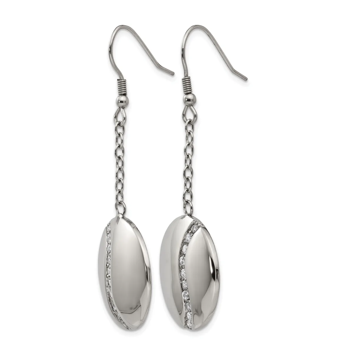 Pair of silver dangle earrings with chain and oval pendants featuring a polished dome with a diagonal stripe of small crystals.
