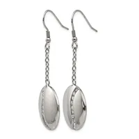 Pair of silver dangle earrings with chain and oval pendants featuring a polished dome with a diagonal stripe of small crystals.