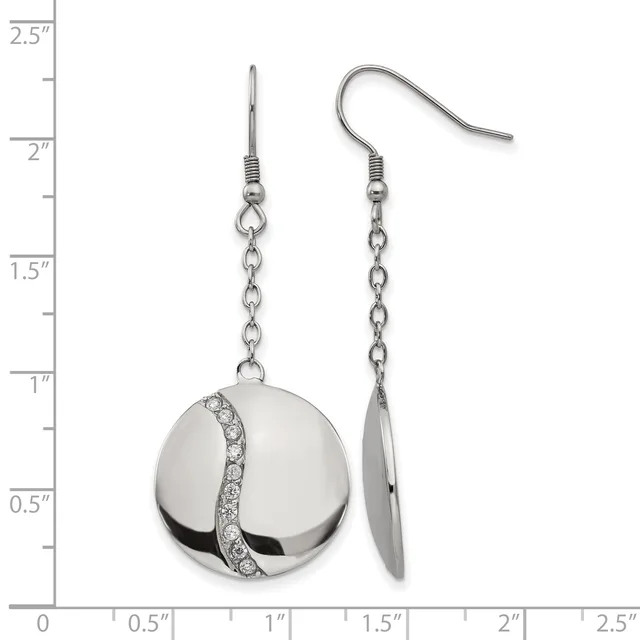 A pair of silver dangle earrings with chain and hook closures, featuring polished spherical pendants with crystal accents, displayed against a measurement ruler.