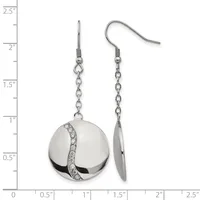 A pair of silver dangle earrings with chain and hook closures, featuring polished spherical pendants with crystal accents, displayed against a measurement ruler.