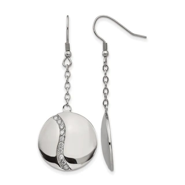 Pair of silver dangle earrings with chain links and polished spherical pendants accented with a diagonal stripe of small crystals.