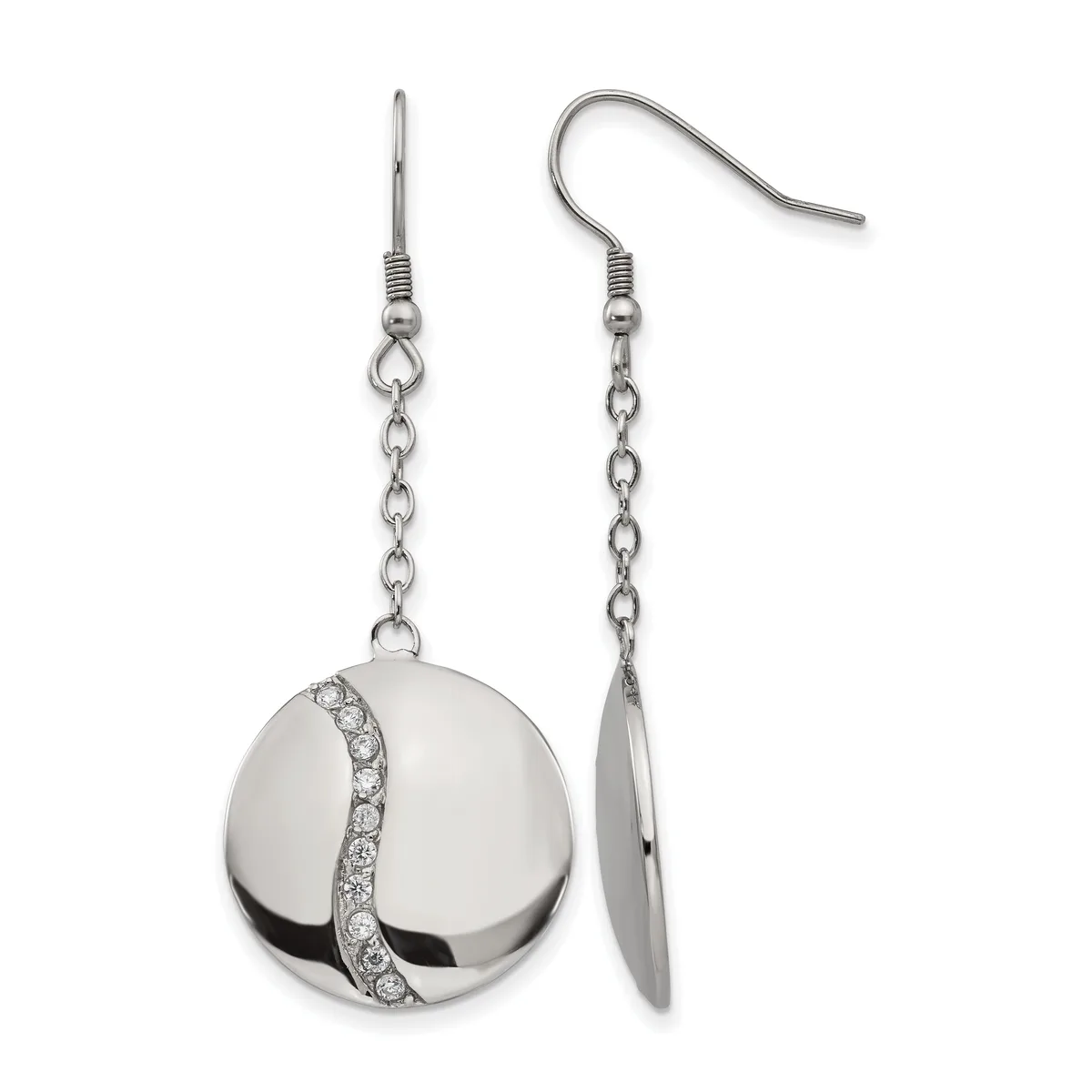 Pair of silver dangle earrings with chain links and polished spherical pendants accented with a diagonal stripe of small crystals.