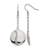 Pair of silver dangle earrings with chain links and polished spherical pendants accented with a diagonal stripe of small crystals.