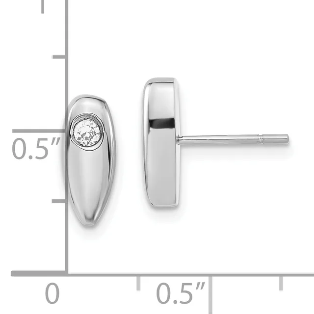 Silver oval stud earrings with bezel-set round diamonds, shown from front and back views with measurement scale indicating approximately 0.5 inches in length.