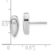 Silver oval stud earrings with bezel-set round diamonds, shown from front and back views with measurement scale indicating approximately 0.5 inches in length.