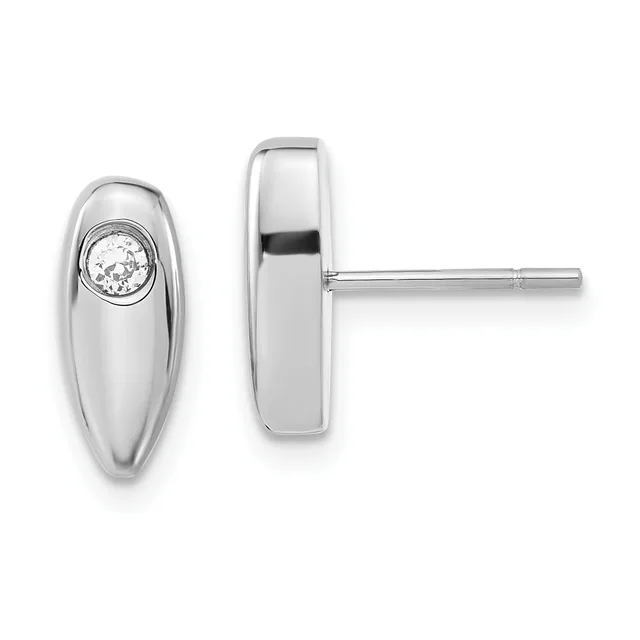 A pair of polished silver oval stud earrings with a bezel-set round cubic zirconia on each, shown from front and side views with posts and backs.