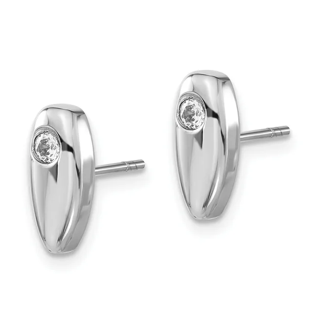 Pair of polished silver hoop earrings with round white stone settings, shown against a white background.