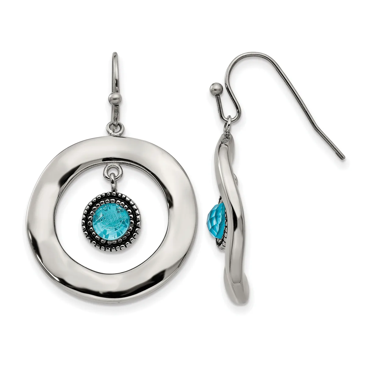 A pair of silver dangle earrings with concentric circular designs featuring turquoise gemstones surrounded by black beading, shown from front and side views.