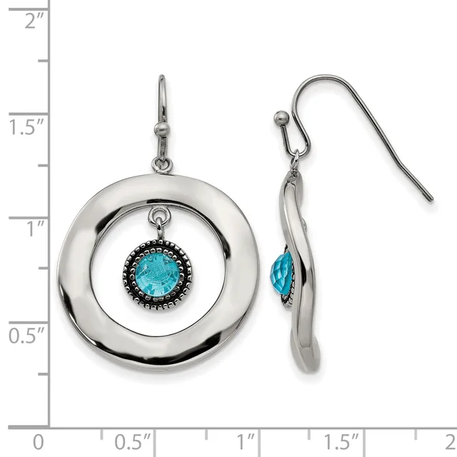 Silver circular drop earrings with turquoise stone centers surrounded by beaded bezels, shown front and side view against a measurement scale.