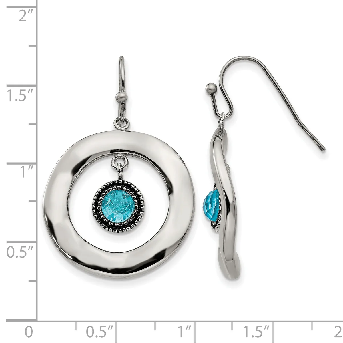 Silver circular drop earrings with turquoise stone centers surrounded by beaded bezels, shown front and side view against a measurement scale.