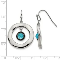 Silver circular drop earrings with turquoise stone centers surrounded by beaded bezels, shown front and side view against a measurement scale.