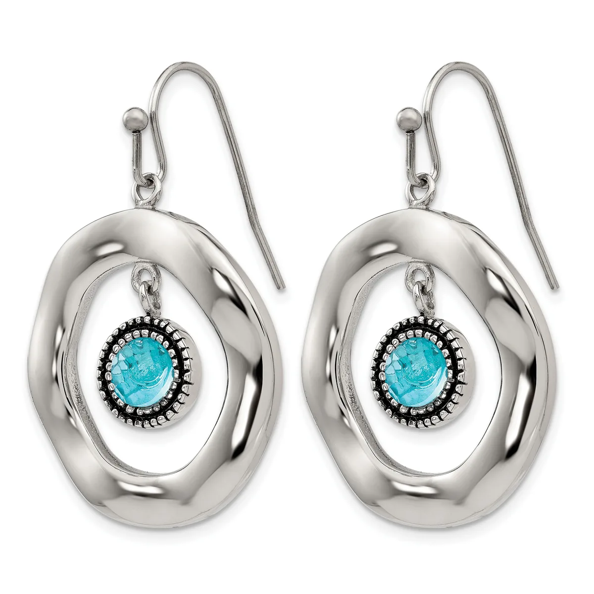A pair of silver drop earrings with oval loops featuring turquoise stones surrounded by decorative beading, suspended from curved silver hooks.