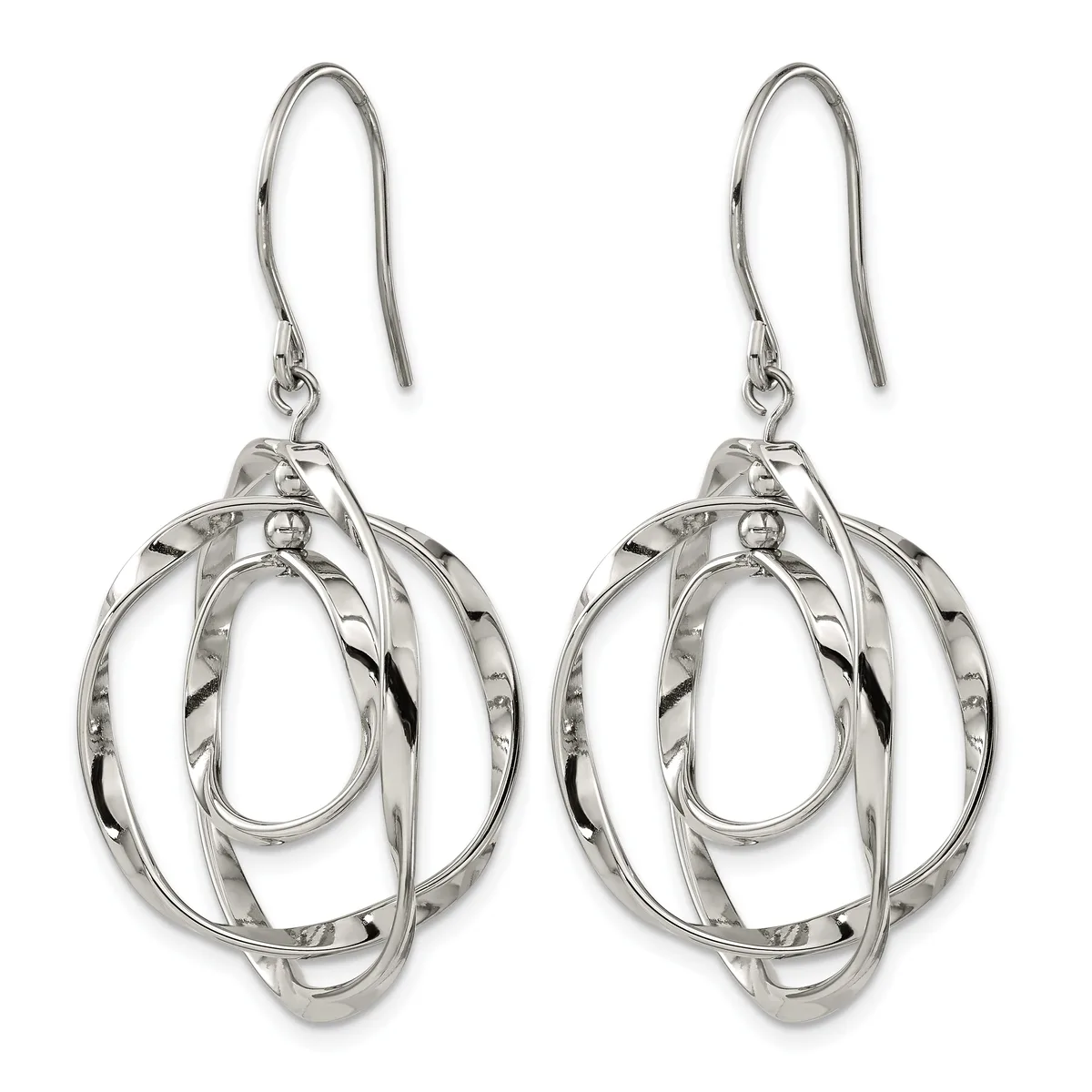 A pair of silver drop earrings with interlocking oval and circular wire bands suspended from hook ear wires.