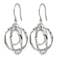A pair of silver drop earrings with interlocking oval and circular wire bands suspended from hook ear wires.