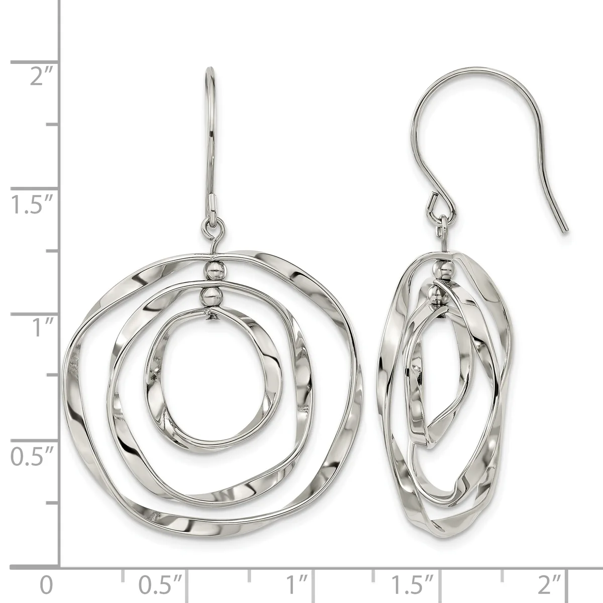 Silver concentric circle dangle earrings with textured finish shown next to a ruler measuring approximately two inches in length.
