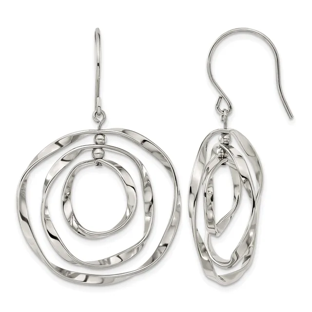 Pair of silver concentric circle dangle earrings with twisted texture, shown from front and side views with french wire hooks.