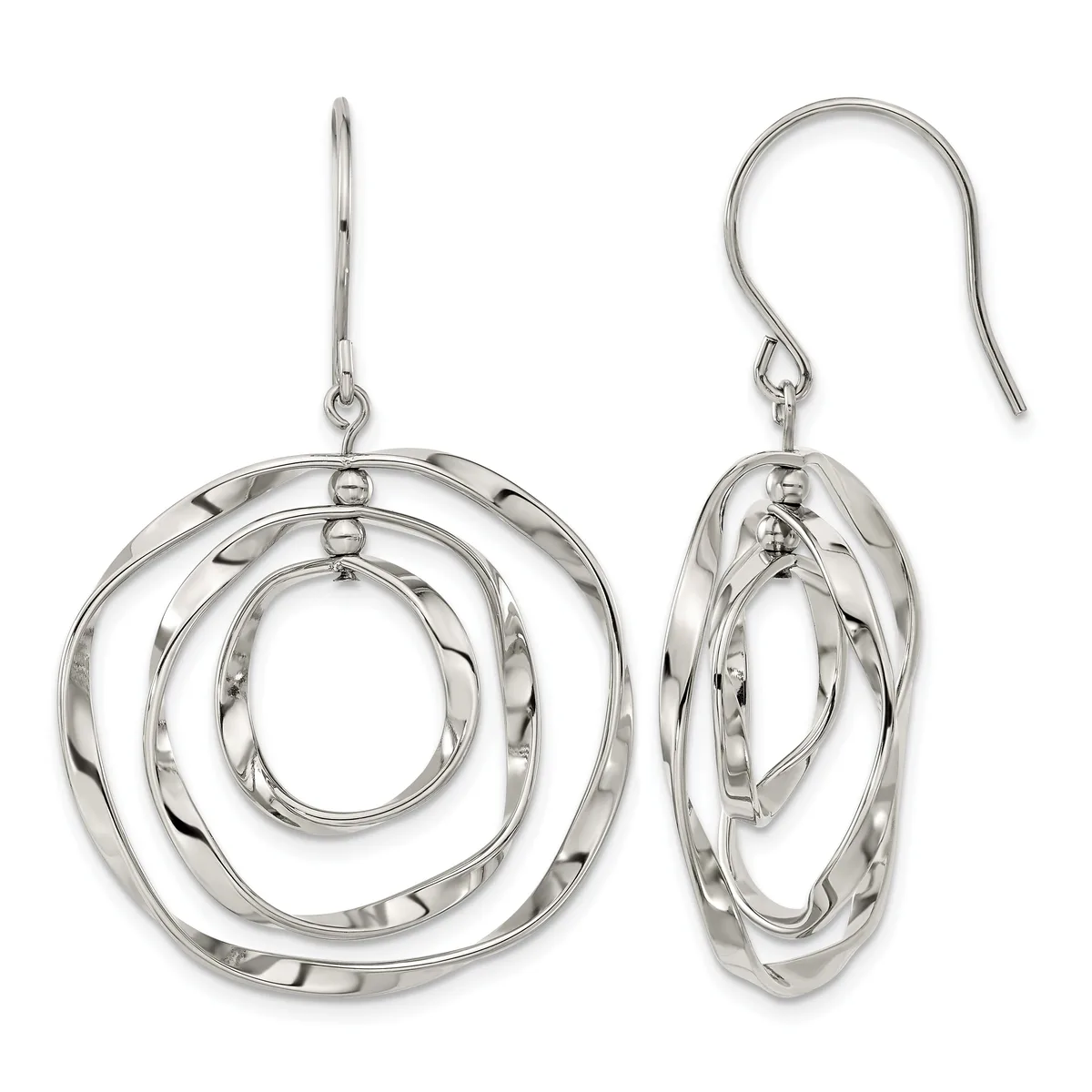 Pair of silver concentric circle dangle earrings with twisted texture, shown from front and side views with french wire hooks.