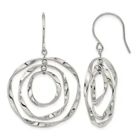 Pair of silver concentric circle dangle earrings with twisted texture, shown from front and side views with french wire hooks.