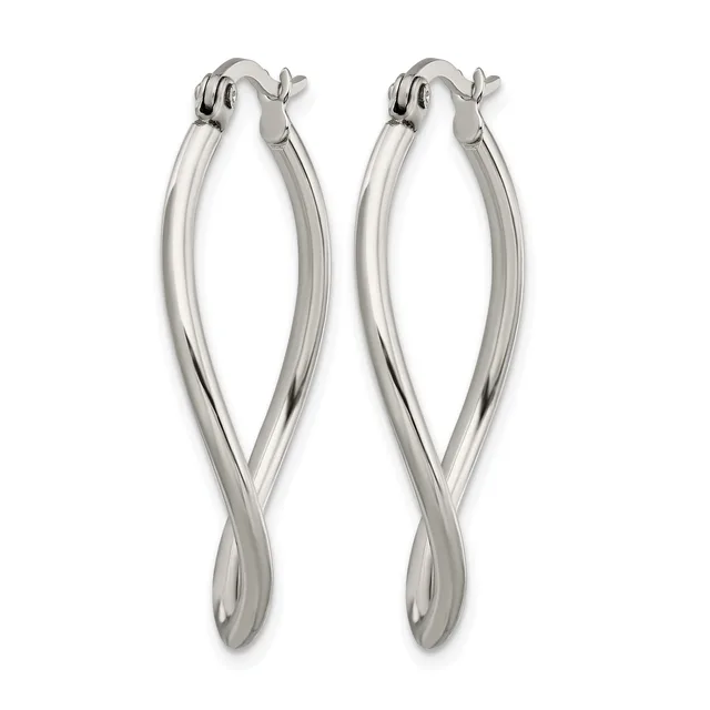 A pair of silver twisted hoop earrings with hinged closures, displayed against a white background.