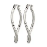 A pair of silver twisted hoop earrings with hinged closures, displayed against a white background.