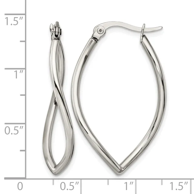 Two polished silver-toned twisted hoop earrings with lever-back closures, displayed against a measurement scale showing approximately 1.5 inches in length.