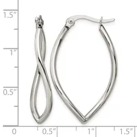 Two polished silver-toned twisted hoop earrings with lever-back closures, displayed against a measurement scale showing approximately 1.5 inches in length.