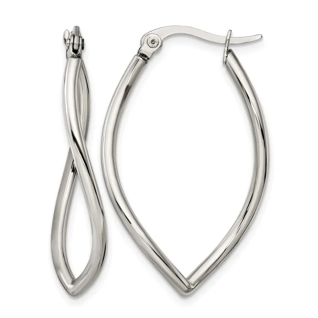 A pair of polished silver twisted hoop earrings with curved posts and clutch backs, shown from the front.