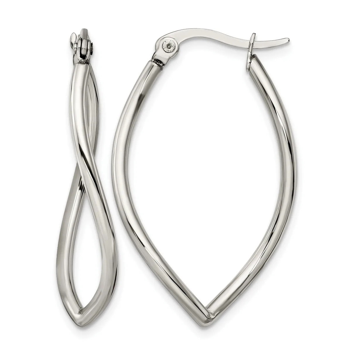 A pair of polished silver twisted hoop earrings with curved posts and clutch backs, shown from the front.