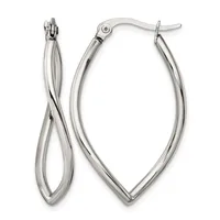 A pair of polished silver twisted hoop earrings with curved posts and clutch backs, shown from the front.