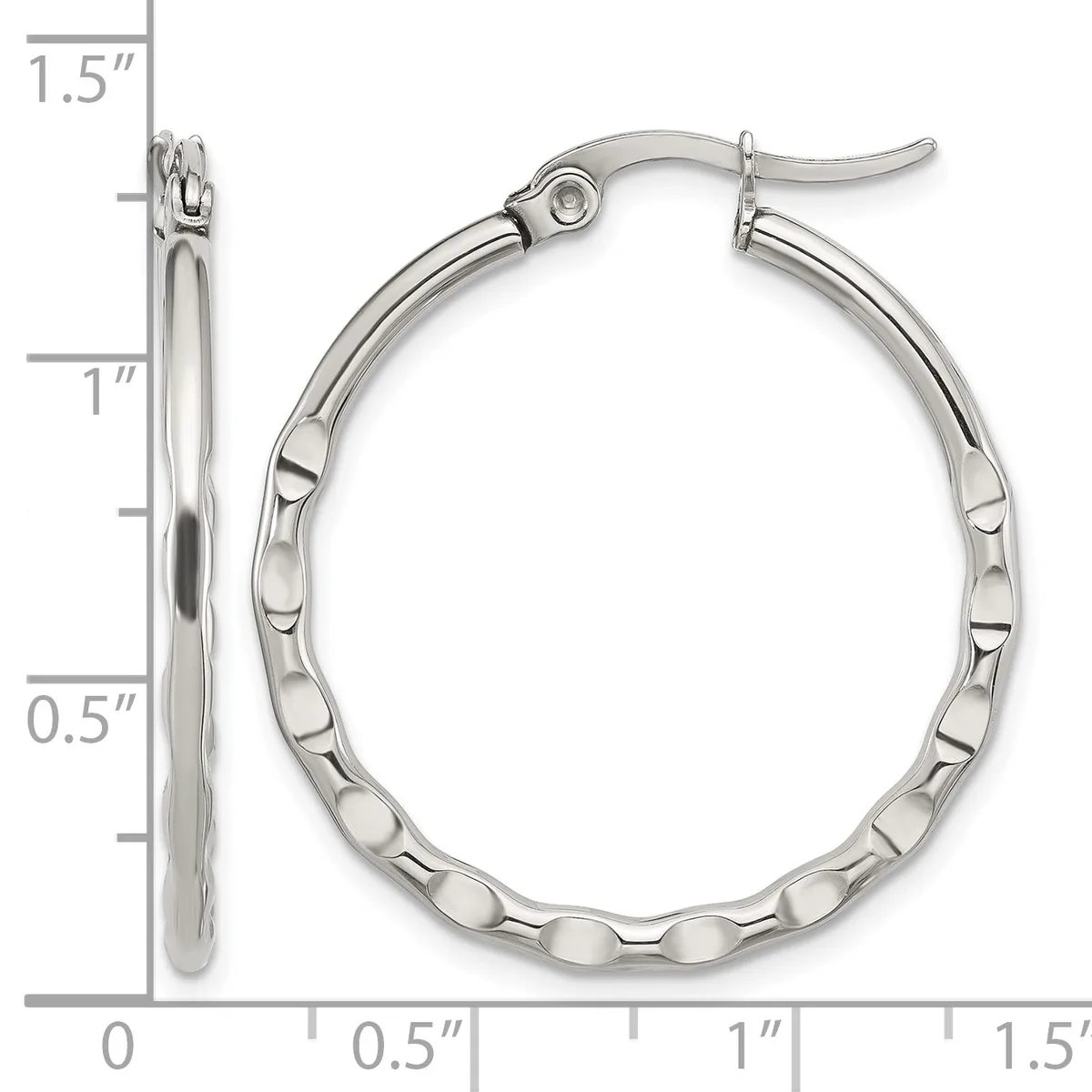 Silver-toned hoop earrings with a textured oval link pattern, displayed next to a measurement scale showing approximately 1.5 inches in length.