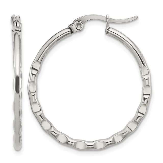 A pair of silver-toned hoop earrings with a textured oval link design, shown from the front and side views.