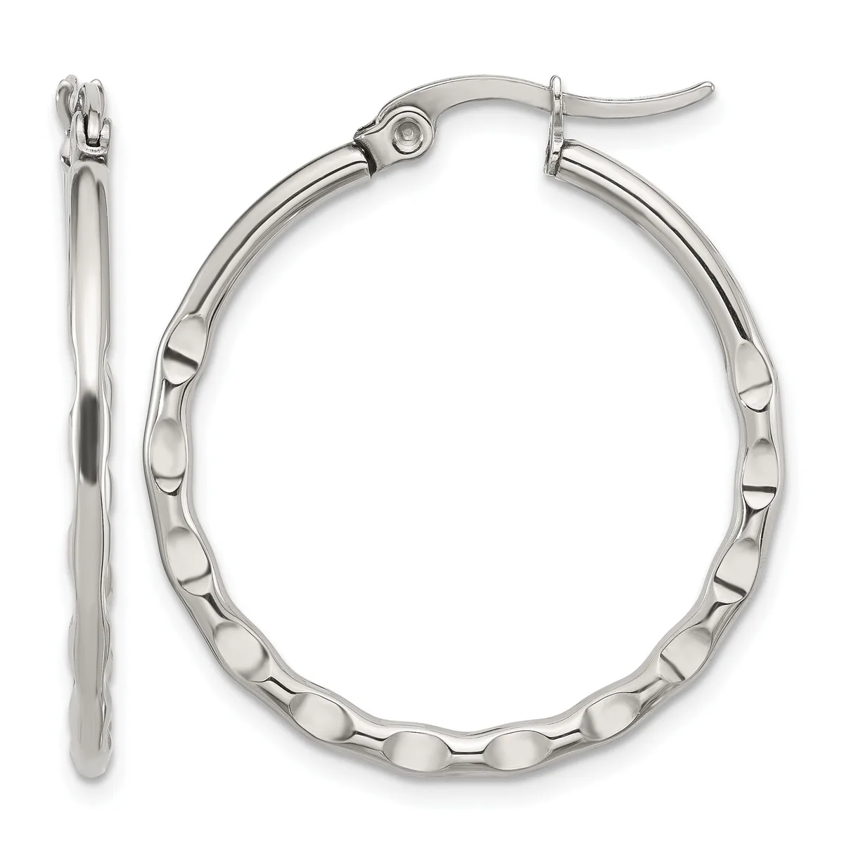 A pair of silver-toned hoop earrings with a textured oval link design, shown from the front and side views.