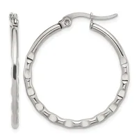 A pair of silver-toned hoop earrings with a textured oval link design, shown from the front and side views.