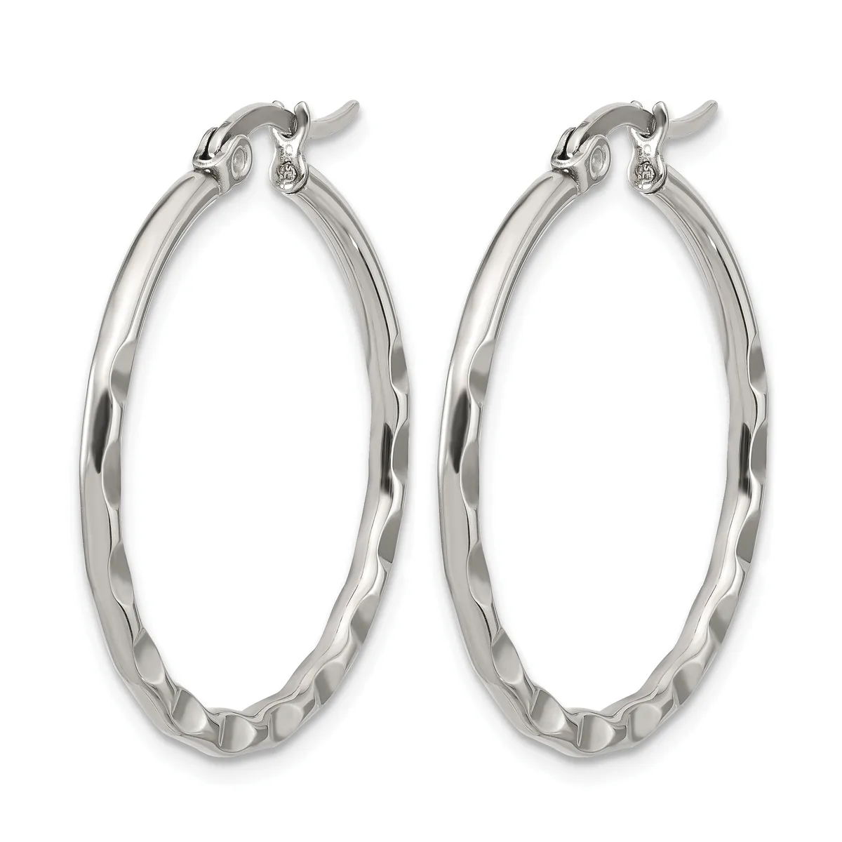 A pair of silver-toned hoop earrings with a twisted or textured surface finish, displayed against a white background.