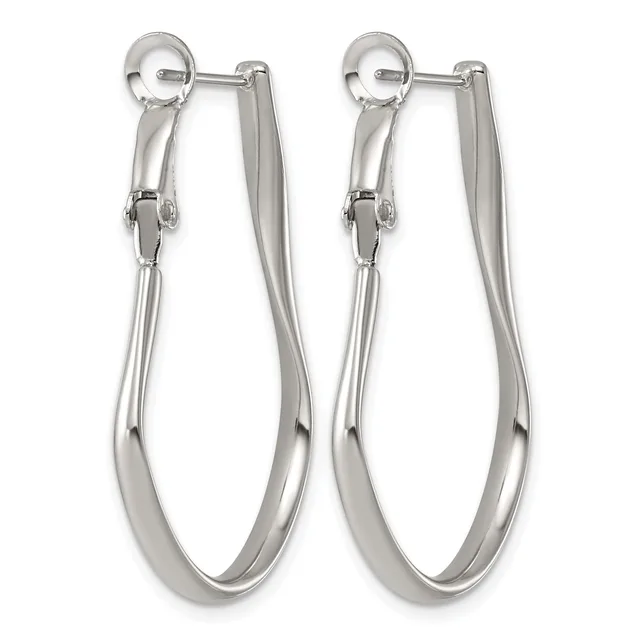 A pair of polished silver-toned oval hoop earrings with a tubular design and hinged posts with small circular backs.