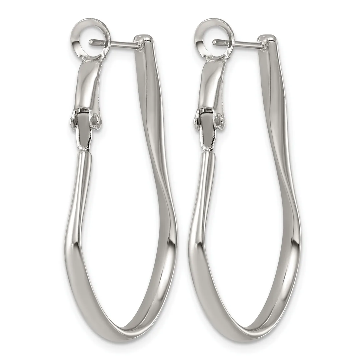A pair of polished silver-toned oval hoop earrings with a tubular design and hinged posts with small circular backs.