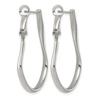 A pair of polished silver-toned oval hoop earrings with a tubular design and hinged posts with small circular backs.