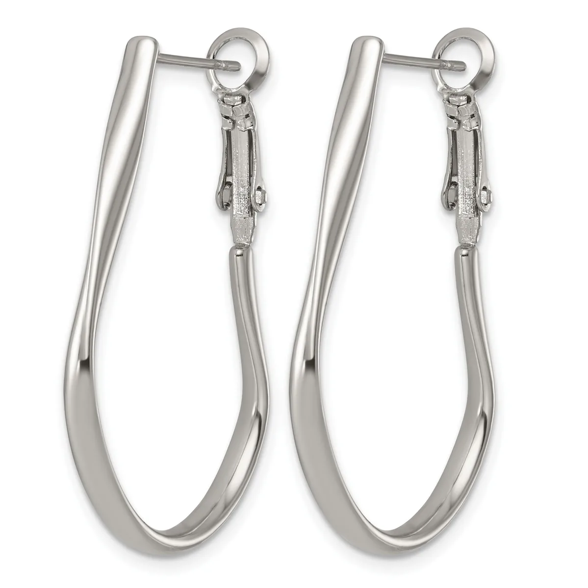A pair of polished silver-toned oval hoop earrings with hinged clasps, shown from the front against a white background.