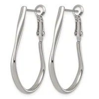 A pair of polished silver-toned oval hoop earrings with hinged clasps, shown from the front against a white background.