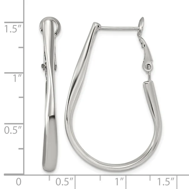 Pair of polished silver-toned hoop earrings with elongated teardrop shapes and hinged closures, displayed against a measurement scale showing approximately 1.5 inches in length.