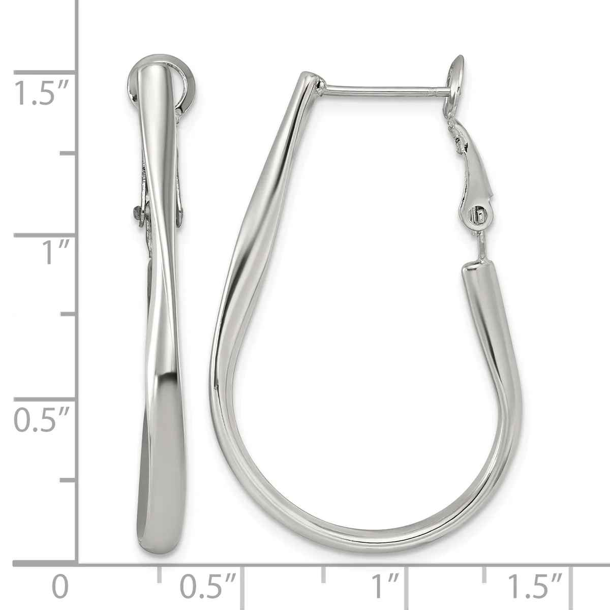 Pair of polished silver-toned hoop earrings with elongated teardrop shapes and hinged closures, displayed against a measurement scale showing approximately 1.5 inches in length.