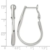 Pair of polished silver-toned hoop earrings with elongated teardrop shapes and hinged closures, displayed against a measurement scale showing approximately 1.5 inches in length.