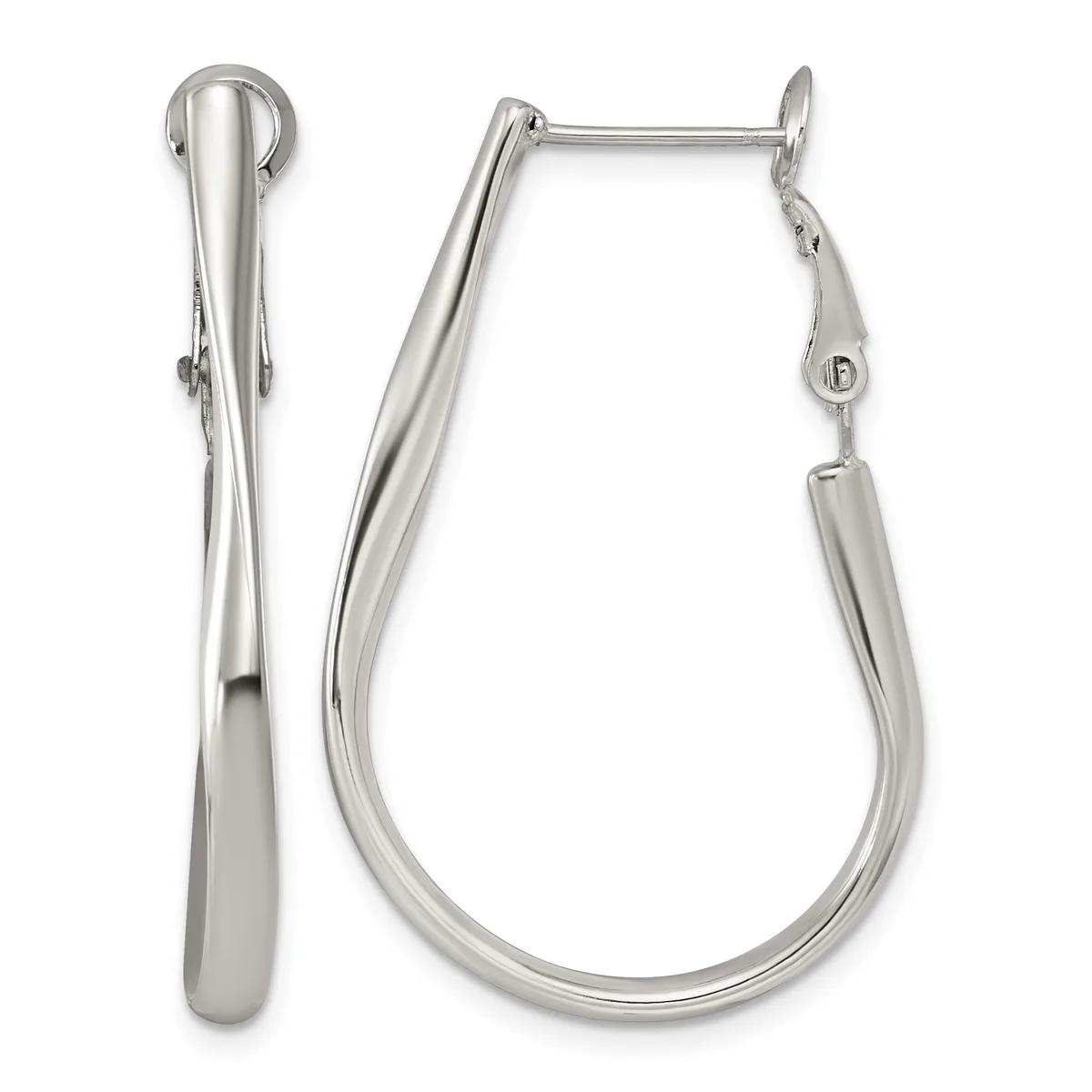 Pair of polished silver elongated teardrop-shaped hoop earrings with posts and hinged closures, shown from front and side views.