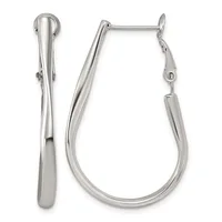 Pair of polished silver elongated teardrop-shaped hoop earrings with posts and hinged closures, shown from front and side views.