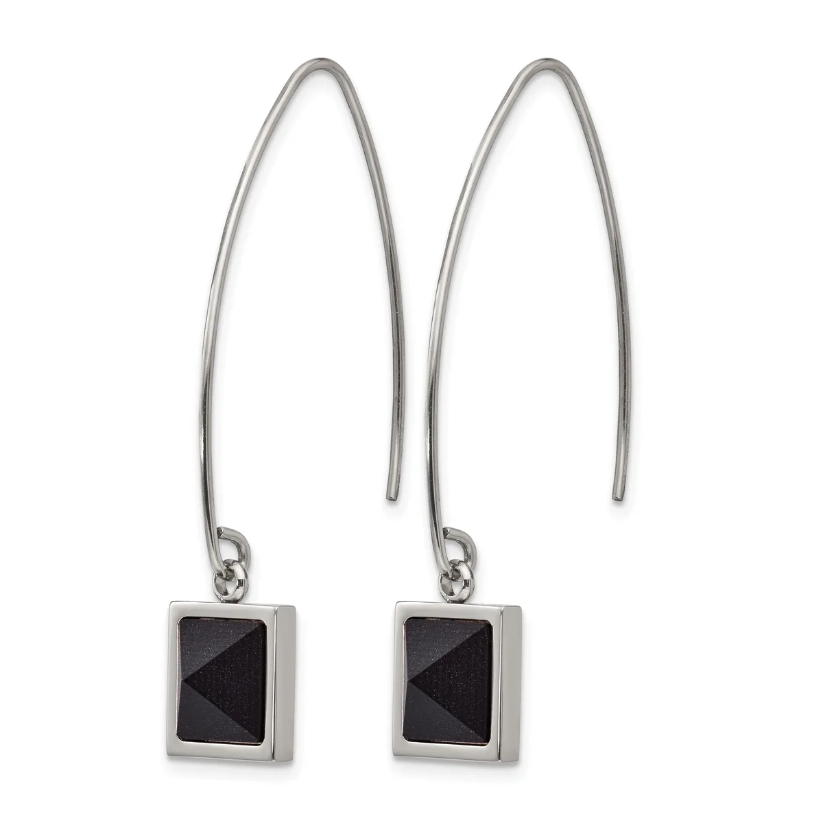 A pair of silver-toned earrings with long curved ear wires and small square pendants featuring black faceted stone centers.