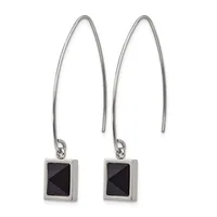 A pair of silver-toned earrings with long curved ear wires and small square pendants featuring black faceted stone centers.
