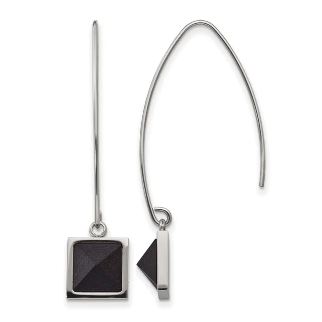 Two silver earrings with black stone inlays displayed against a white background, one showing the front square face and one showing the side profile with curved ear wire.