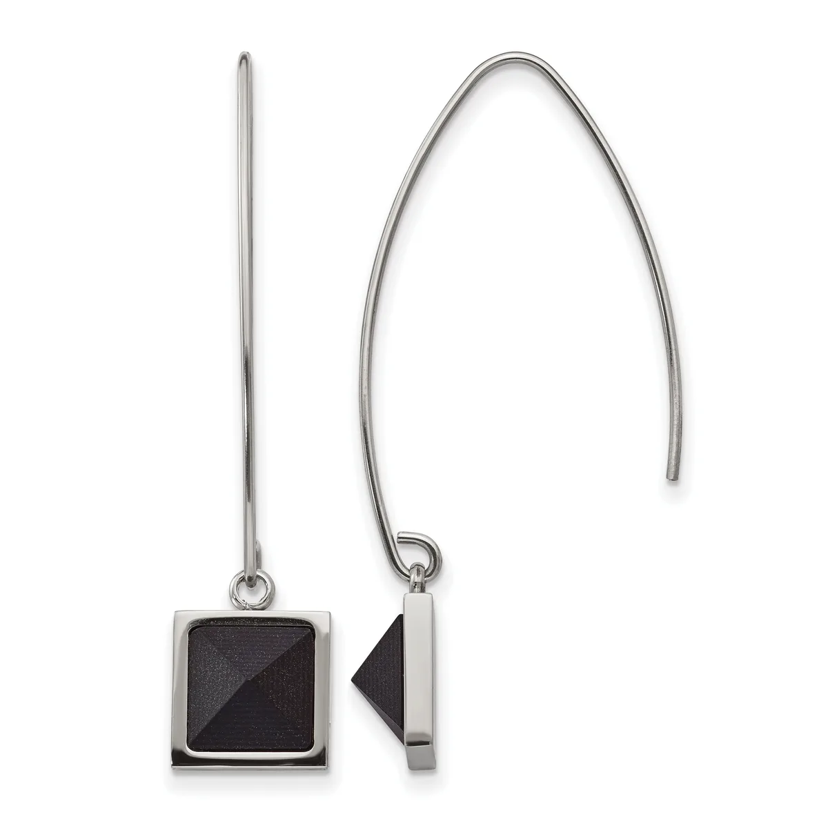 Two silver earrings with black stone inlays displayed against a white background, one showing the front square face and one showing the side profile with curved ear wire.