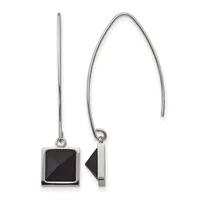 Two silver earrings with black stone inlays displayed against a white background, one showing the front square face and one showing the side profile with curved ear wire.