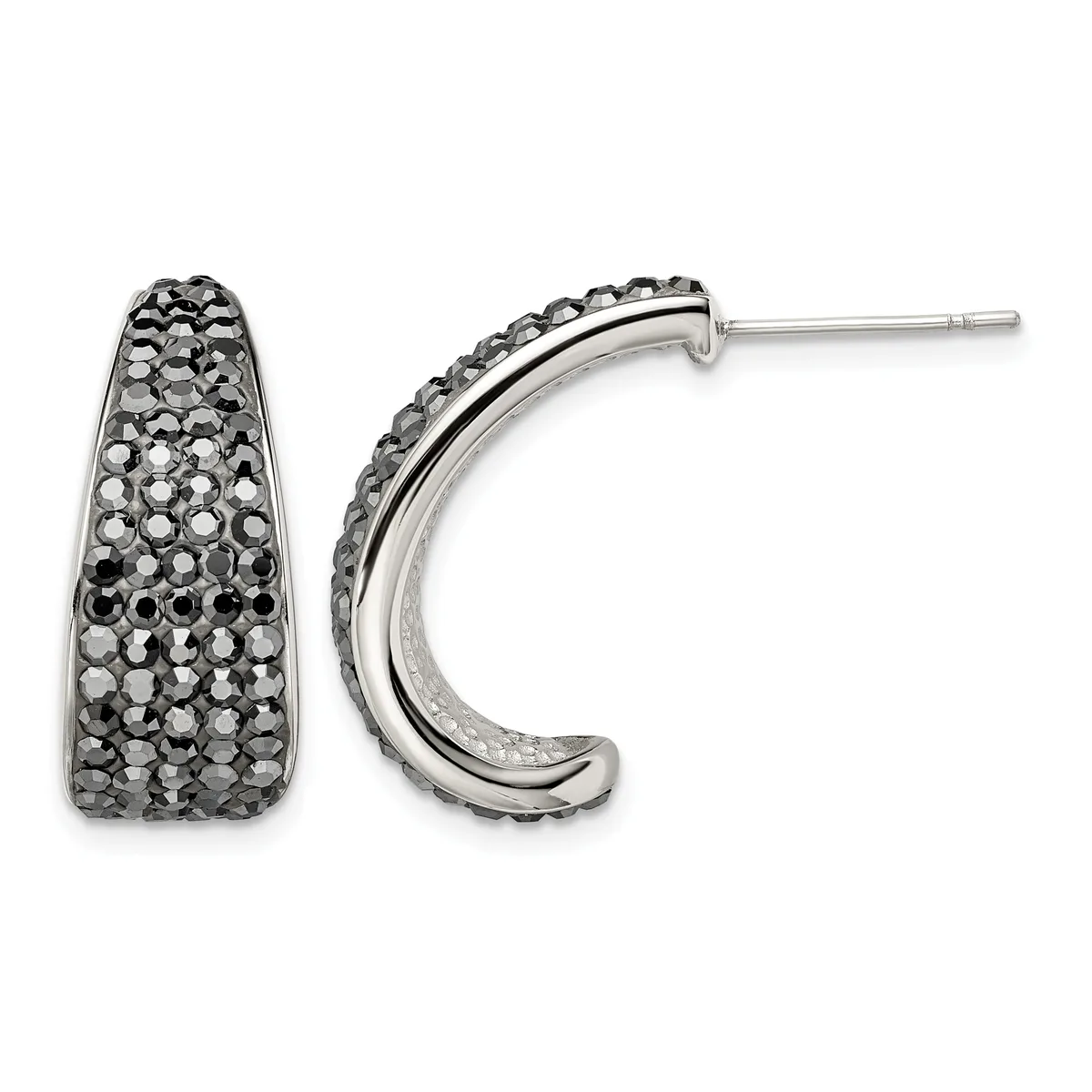 A pair of silver hoop earrings with textured surfaces covered in small faceted stones, shown from front and side angles.